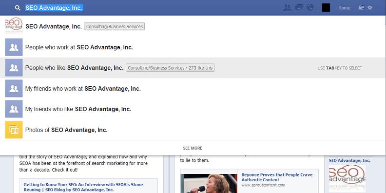 Facebook graph search drop-down from a business page